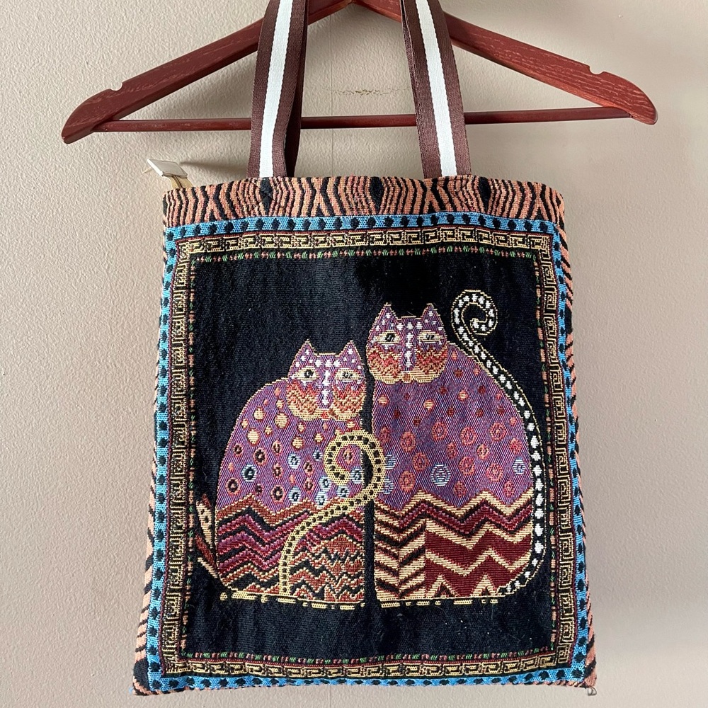 Vintage Laurel Burch Style Woven Cat Tote Bag